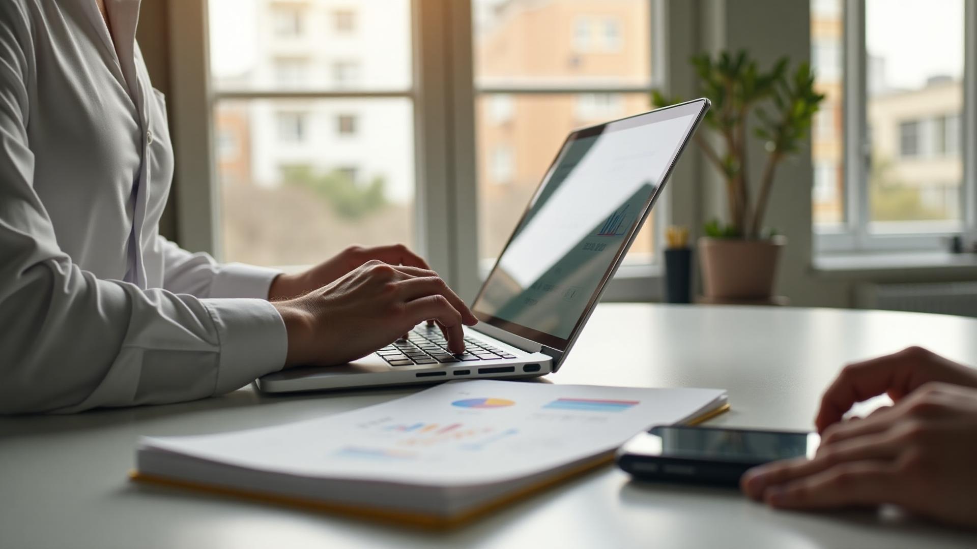 Person setting up online banking automation on laptop in modern home office