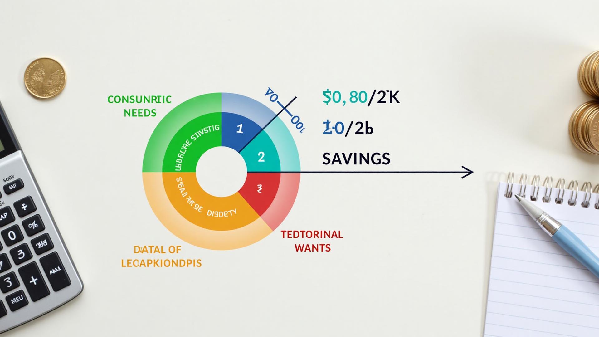 Colourful pie chart showing 50/30/20 budget split with calculator and coins