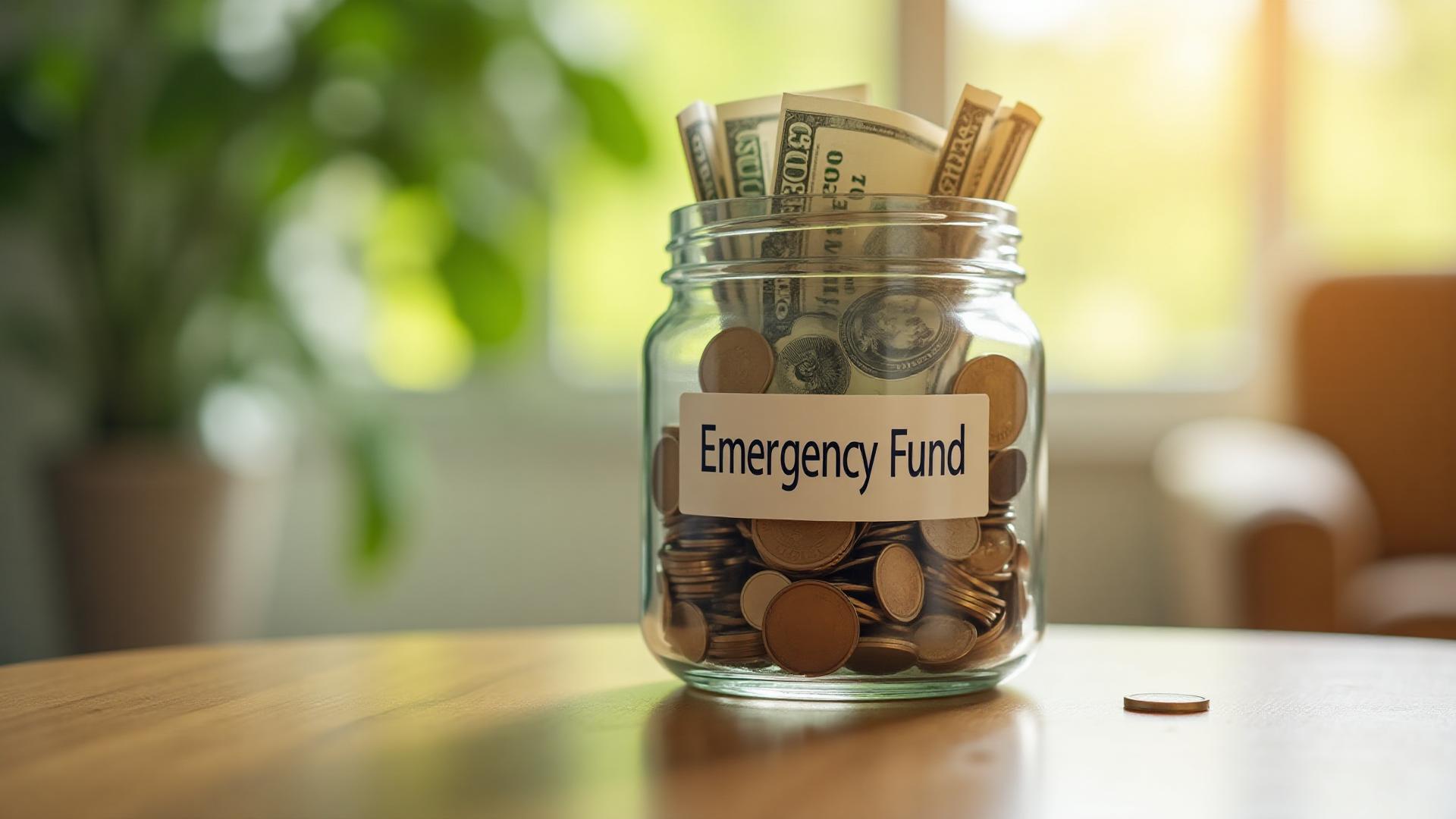Glass jar filled with coins and bills labeled Emergency Fund on wooden table