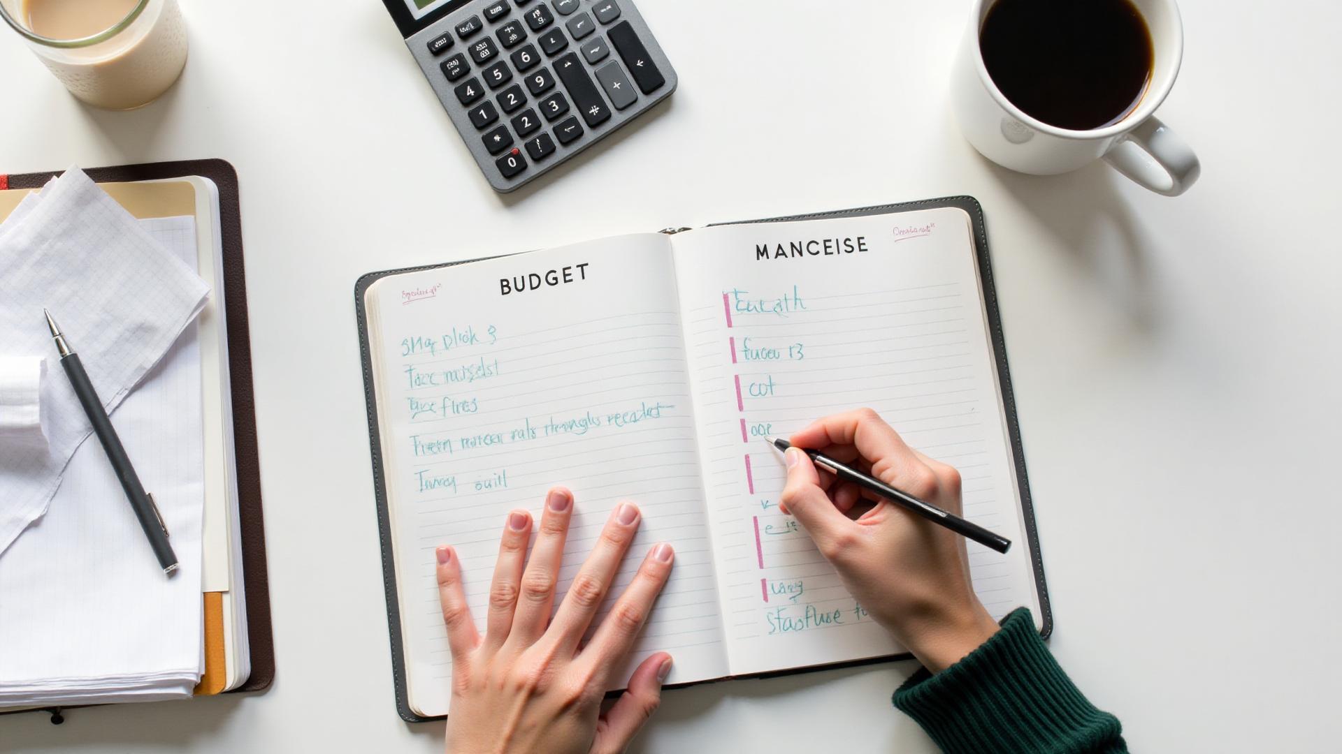 Person tracking expenses in a budget planner with calculator and receipts